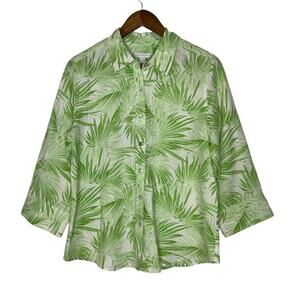 Charter Club Green Tropical 100% Linen Half Sleeve Button Blouse Size 10